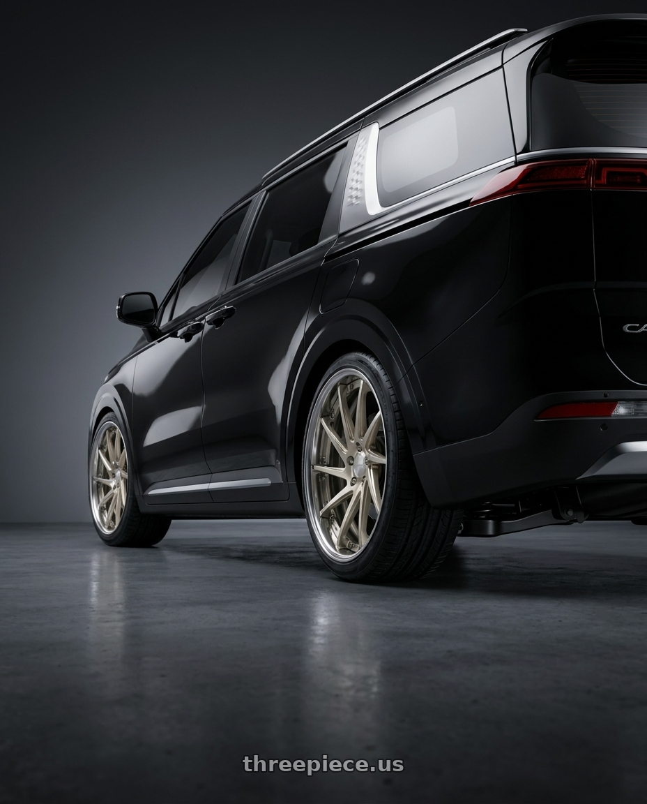 2025 Kia carnival with Work Gnosis Cvs 5x114.3 20x9+45 O Disk Buff Finish wheels rear three quarter view slight stretch tires