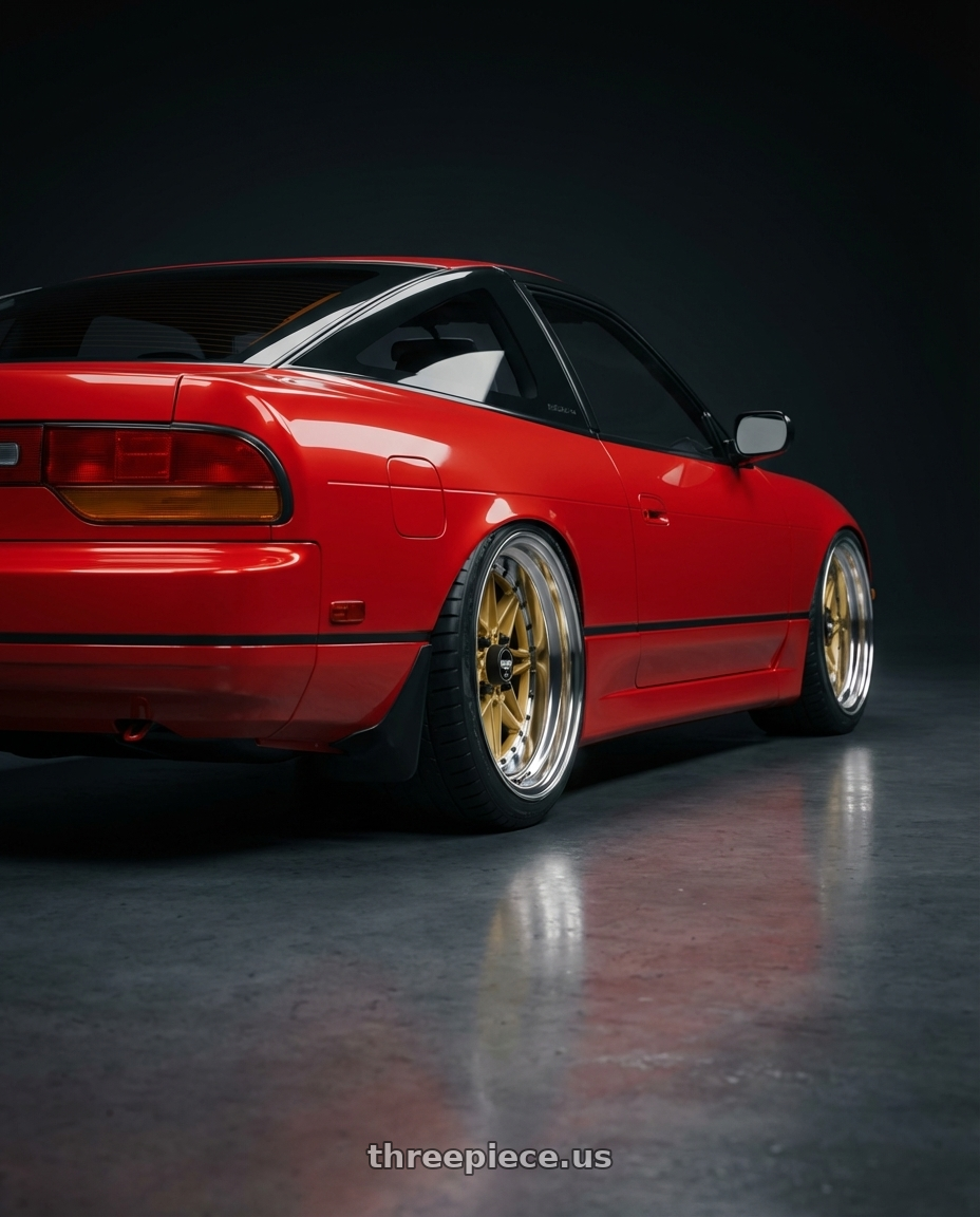 nissana 240sx 1990 with WORK Equip 03 4x100 15x13 -16 GOLD wheels rear three quarter view square tires