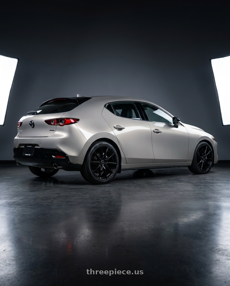 2024 Mazda 3 Turbo Premium with Advanti Racing 80B Hybris 5x114.3 18x8 +35 Gloss Black wheels rear three quarter view square tires