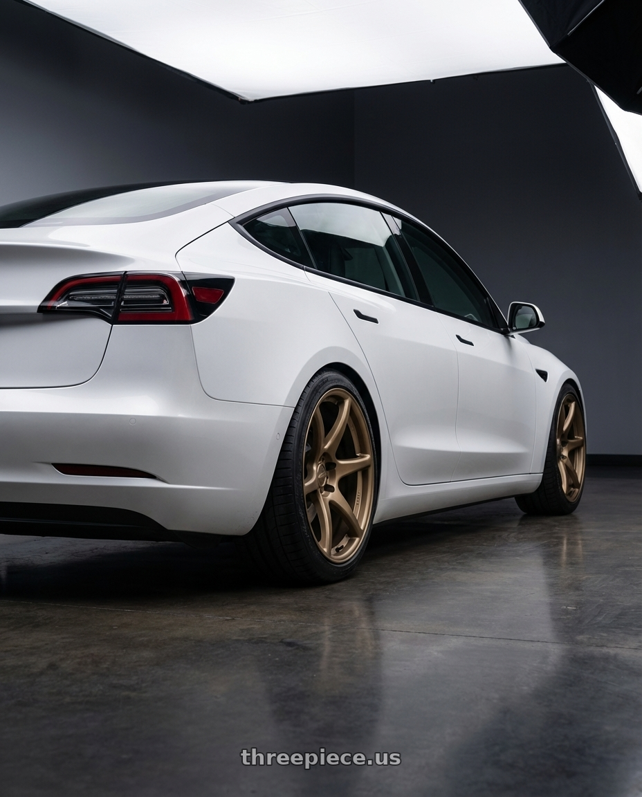 2023 Tesla Model 3 with Kansei K11B Tandem 5x114.3 19x10.5 12 Bronze wheels rear three quarter view square tires
