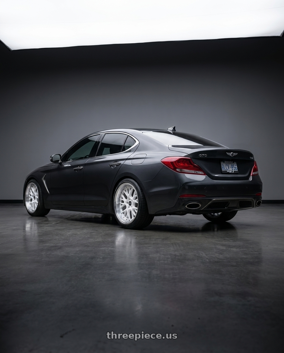 2019 Genesis G70 with ESR Wheels CS SERIES CS11 5x100 18x8.5 +30 Gloss White wheels rear three quarter view slight stretch tires