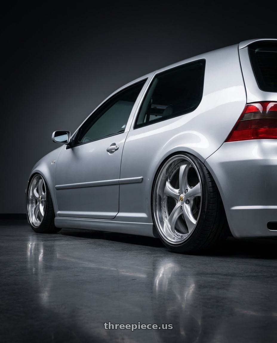 2002 VW gti 337 with Work Wheels VS-KF 5x100 18x8.5+34 Light Grey Silver A Disk FULL REVERSE wheels rear three quarter view slight stretch tires
