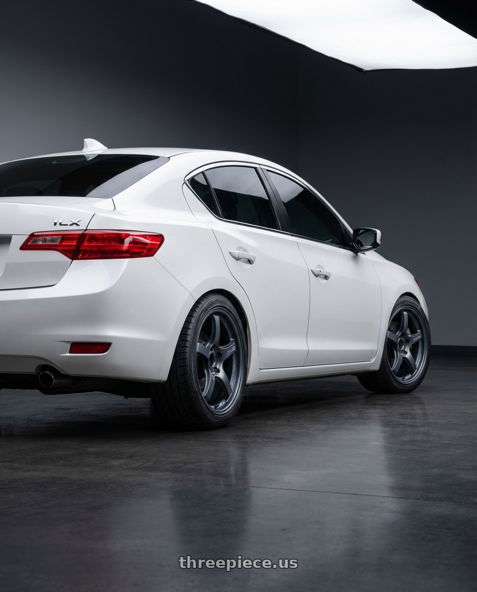 2012 Acura ILX with Gram Lights 57CR 5x114.3 17x9+12 Gunblue II wheels rear three quarter view square tires