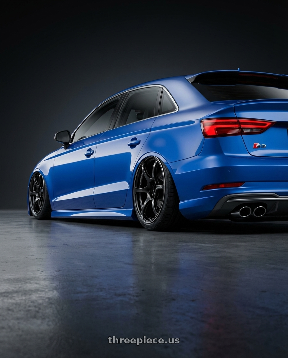 2019 Audi S3 8V with Advan RGIII 5x112 19x8.5+45 Gloss Black wheels rear three quarter view slight stretch tires