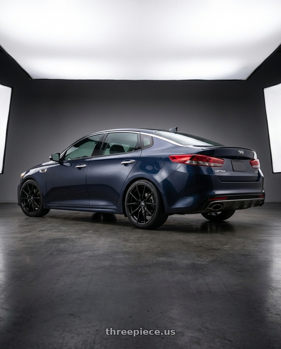 2017 Kia Optima Gt Gravity Blur with Advanti Racing 80B Hybris 5X120 18x8 +35 Gloss Black wheels rear three quarter view square tires