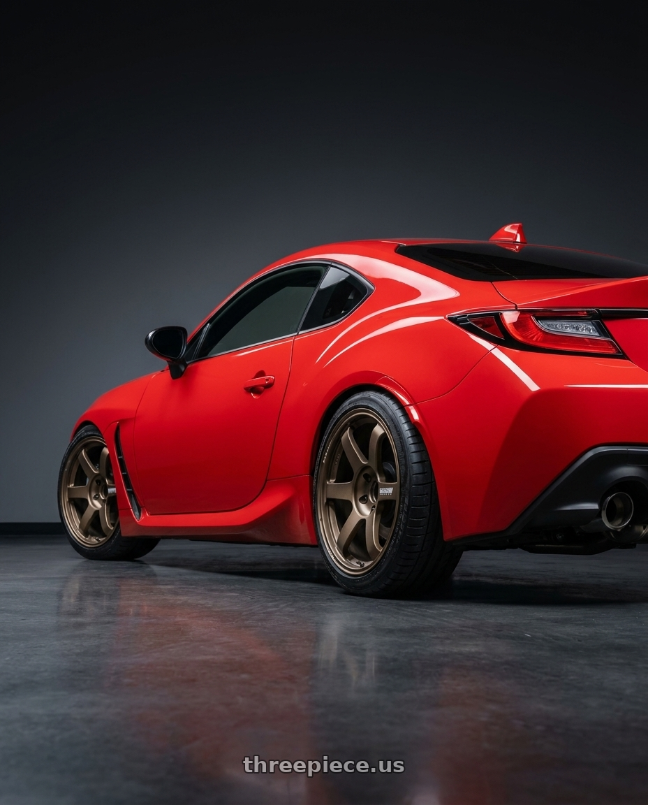 2024 Toyota GR86 Track Red with Volk Racing TE37 Saga S-Plus 5x100 18x8.5+45 Bronze wheels rear three quarter view slight stretch tires