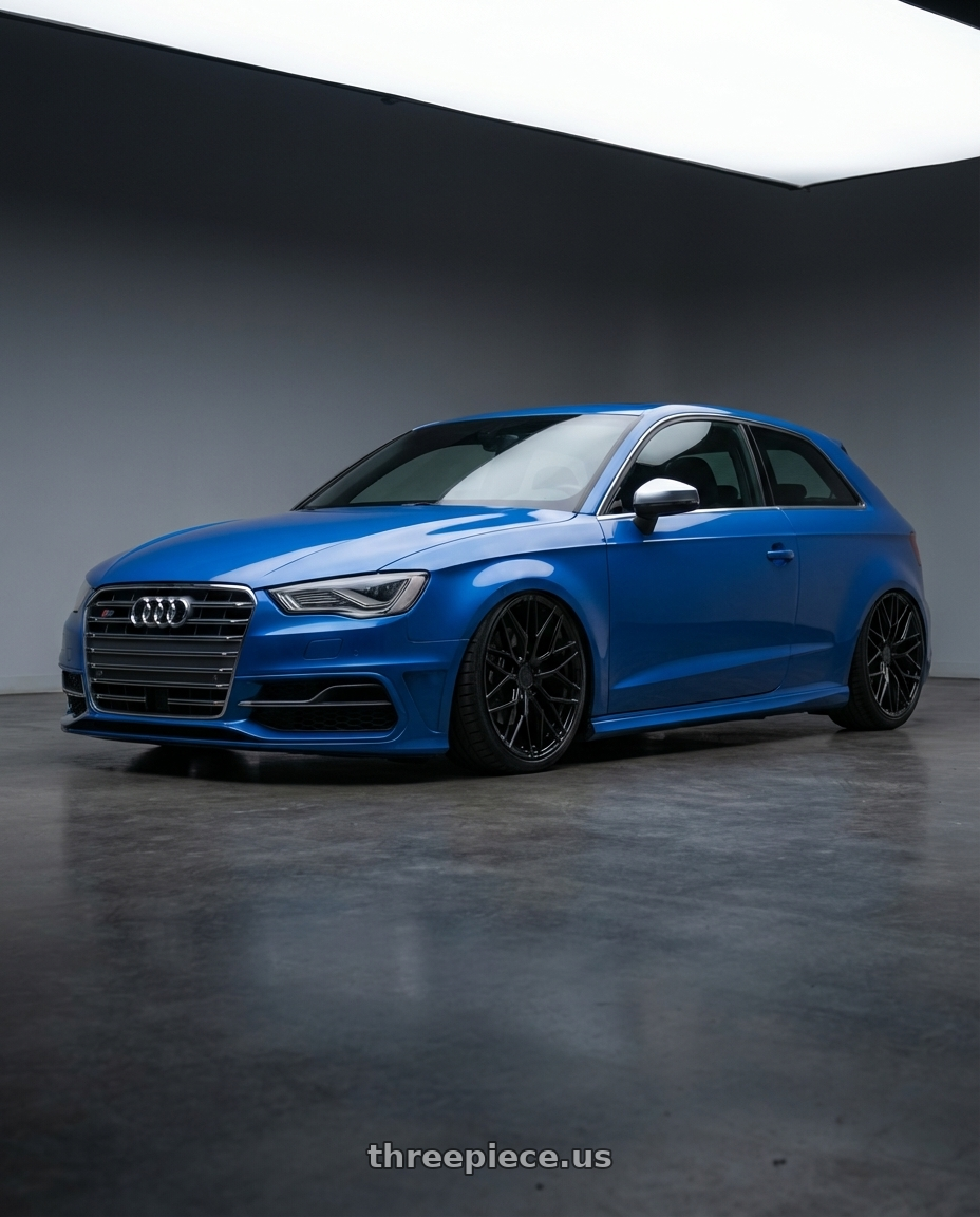 2019 Audi S3 8V with Avant Garde Wheels M520R 5X112 19x8.5 +35 Gloss Black wheels front three quarter view stanced stance
