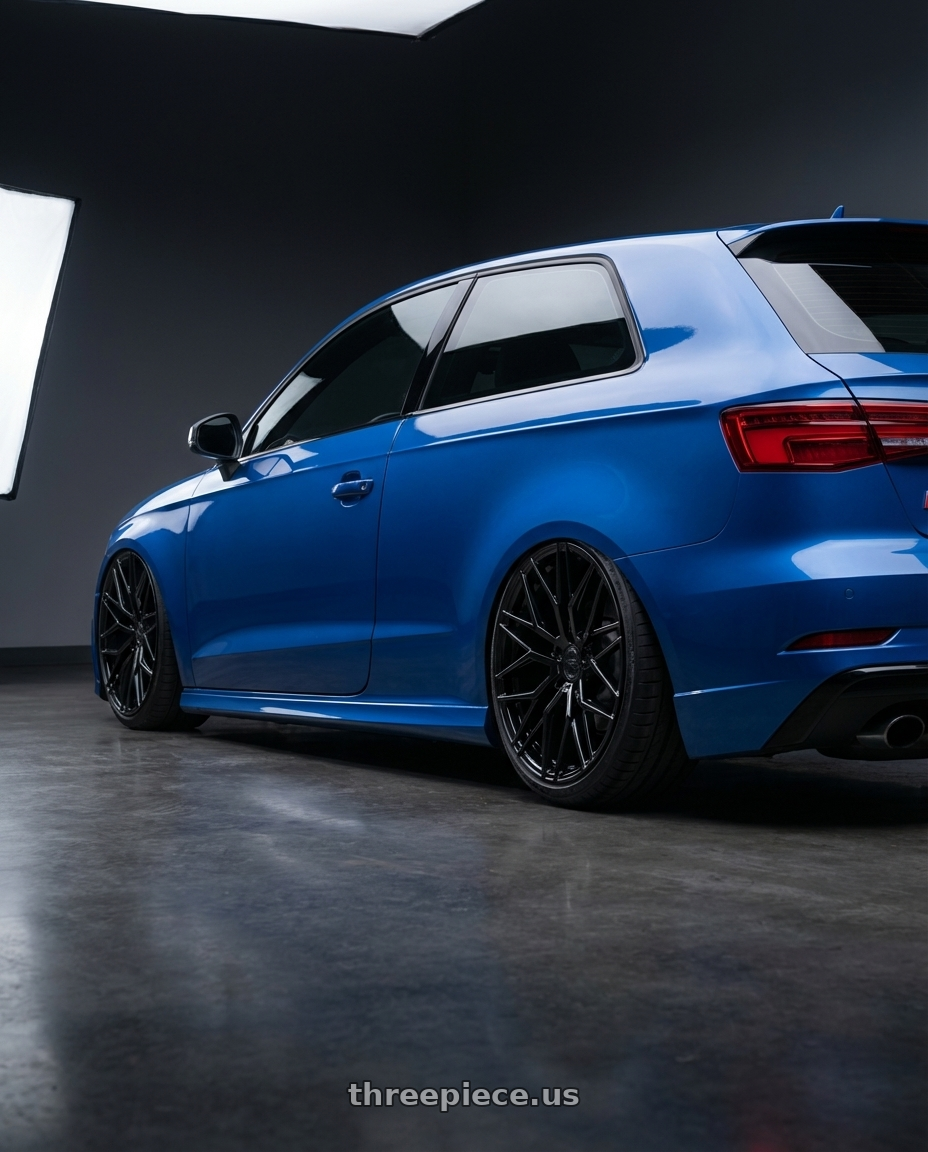2019 Audi S3 8V with Avant Garde Wheels M520R 5X112 19x8.5 +35 Gloss Black wheels rear three quarter view slight stretch tires