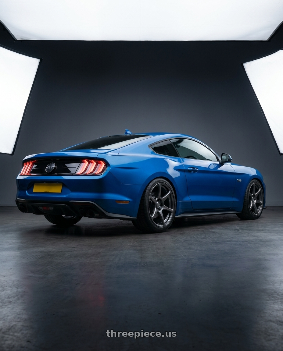 2022 Ford Mustang GT with Kansei K11G Tandem 5x114.3 19x9.5 22 Gunmetal wheels rear three quarter view square tires