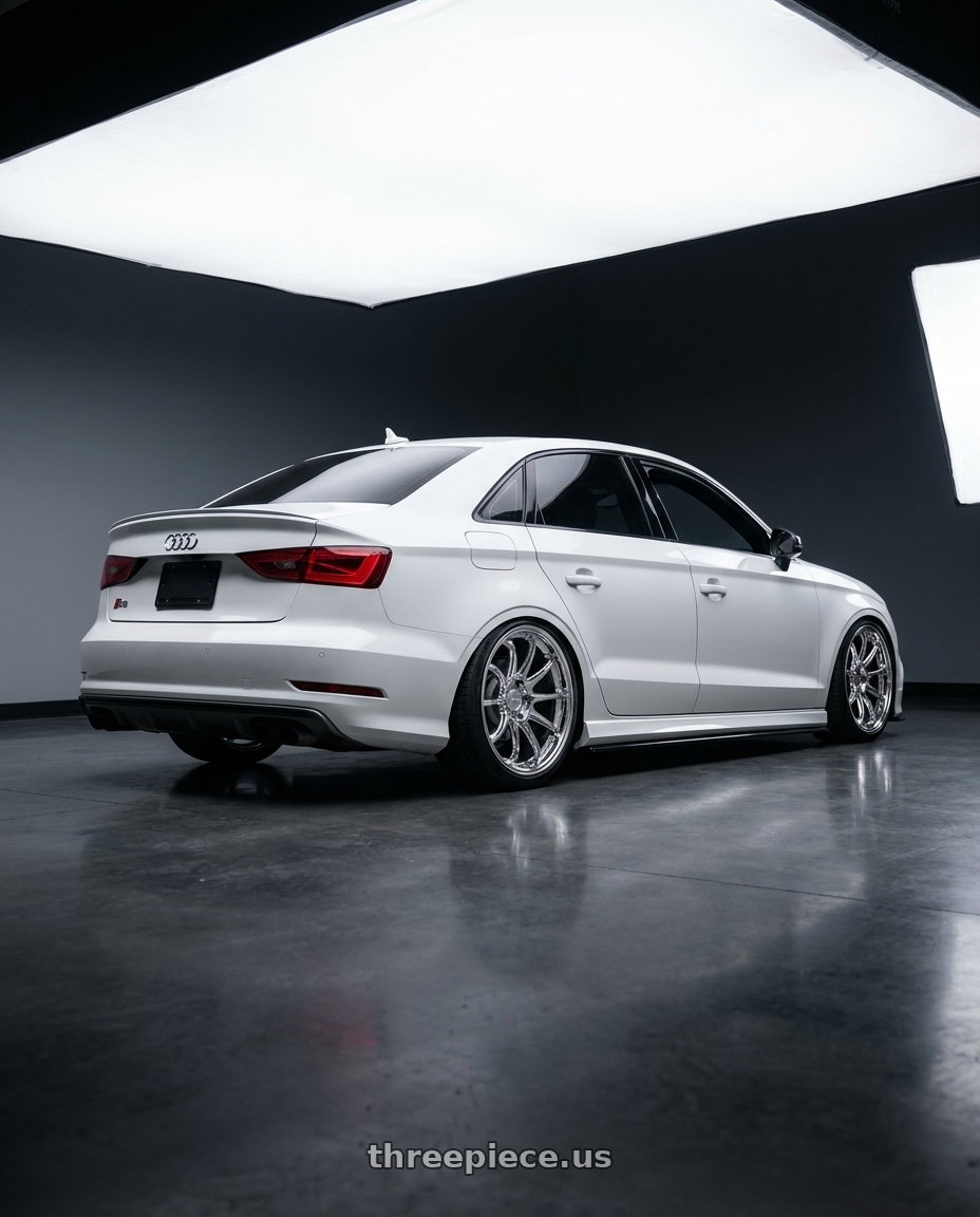 2016 audi s3 with KATANA RACING HR06 5x112 18x8.5 +35 Chrome wheels rear three quarter view square tires