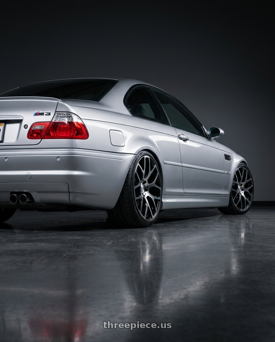 2003 BMW M3 with Coventry ASHFORD 5X108 19X8.5 +35 GLOSS BLACK W/ MIRROR CUT FACE wheels rear three quarter view square tires