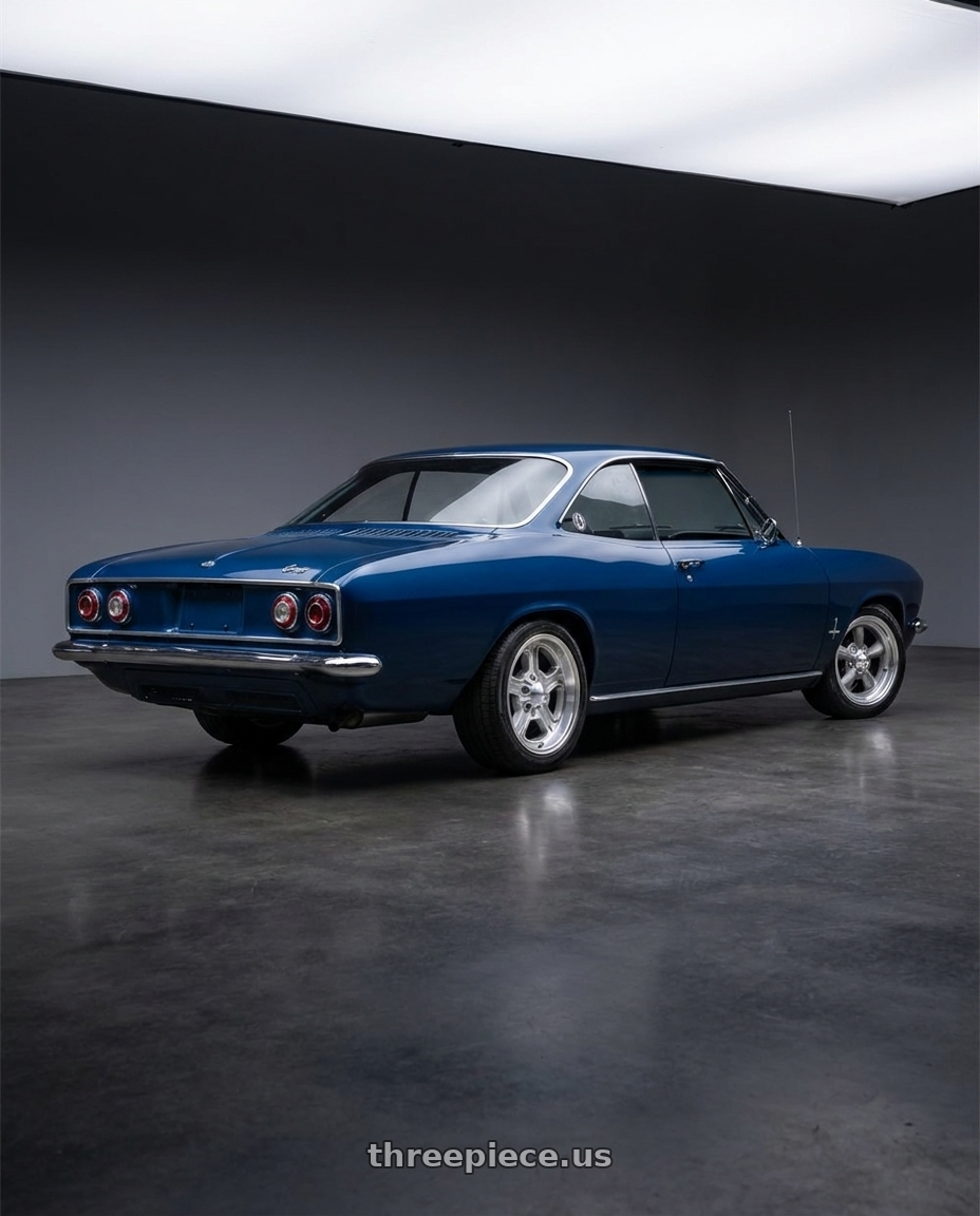 1965 Chevrolet Corvair with Vision American-Muscle 147 Daytona 5x120.65 15x7-7 Hyper Silver wheels rear three quarter view slight stretch tires