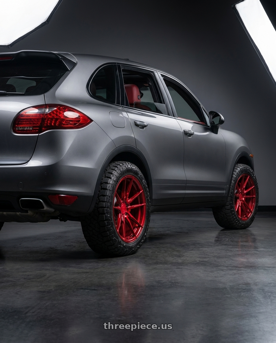 2015 Porsche Cayenne S with Rohana RFX2 5x130 20x9+45 Gloss Red wheels rear three quarter view meaty tires