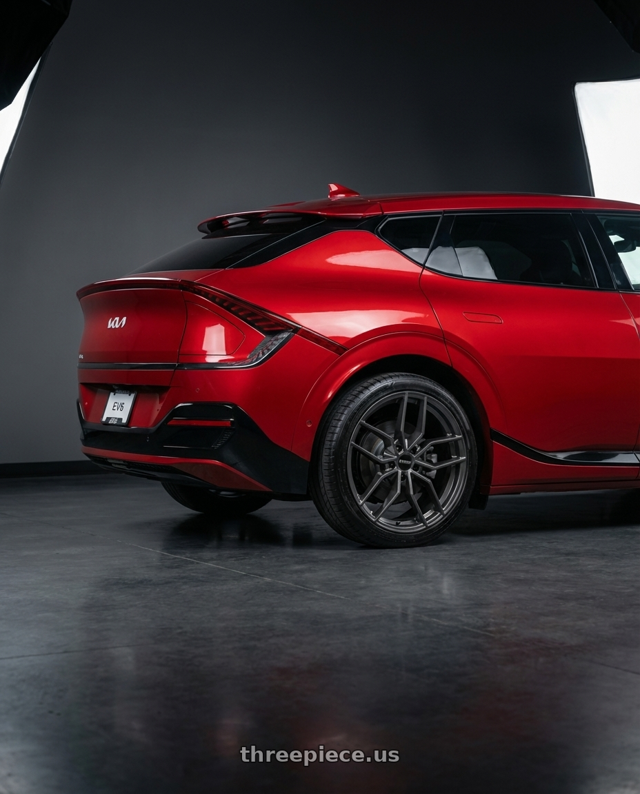 2024 kia ev6 with Petrol P5C 5X114.3 20X8.5 +40 GLOSS GUNMETAL wheels rear three quarter view square tires