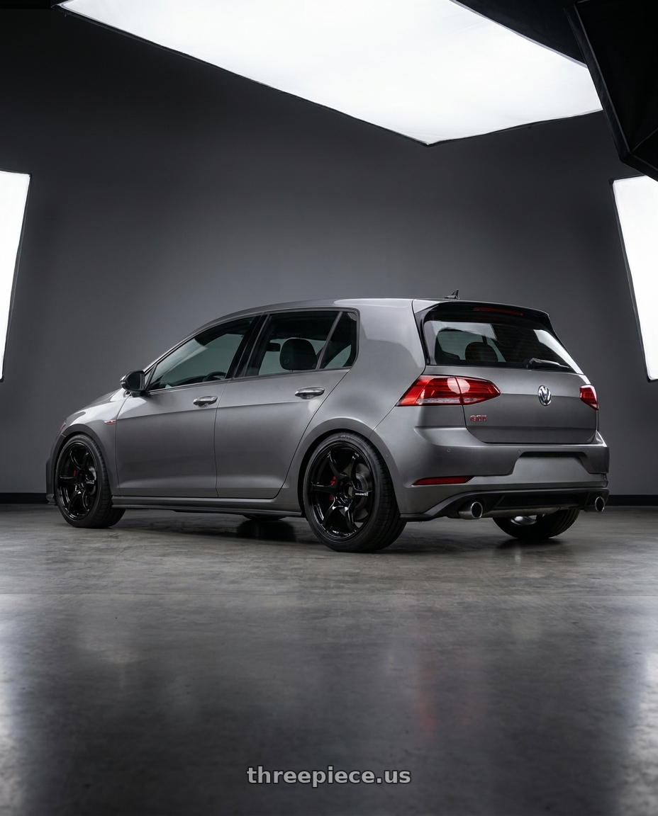 2019 Volkswagen GTI MK7 with Advan RGIII 5x112 18x8+42 Gloss Black wheels rear three quarter view square tires