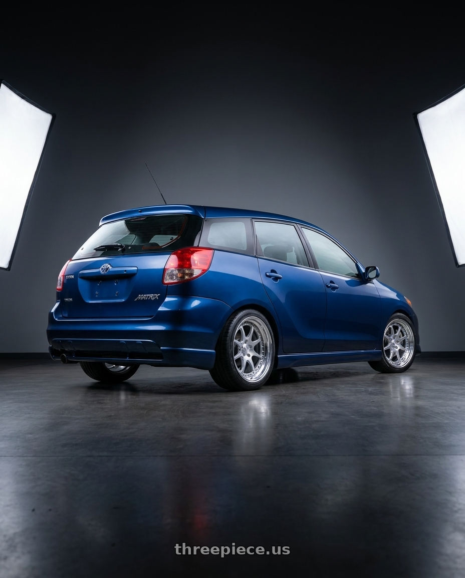 2004 Toyota Matrix with CCW CZ08 5x100 19x7.5 +45 Polished wheels rear three quarter view square tires