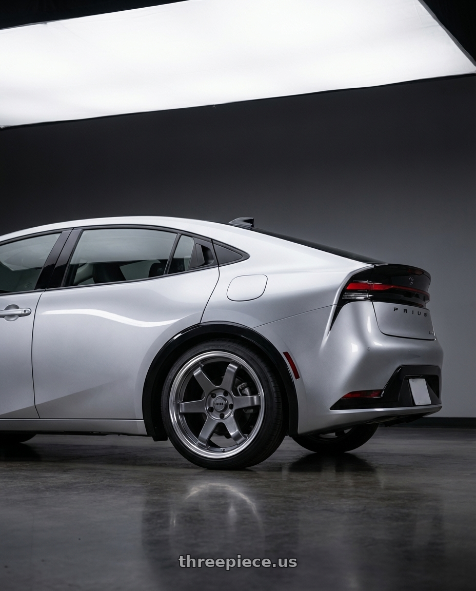 2026 Prius SE with F1R F106 5x114.3 17x8 +35 Gunmetal/Polish Lip wheels rear three quarter view square tires