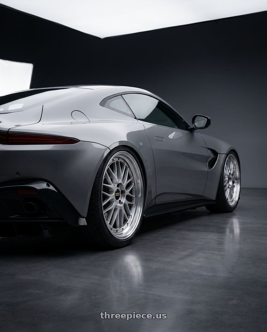 2019 aston martin Vintage with BBS LM 5x114.3 17x7.5+38 Diamond Silver wheels rear three quarter view square tires