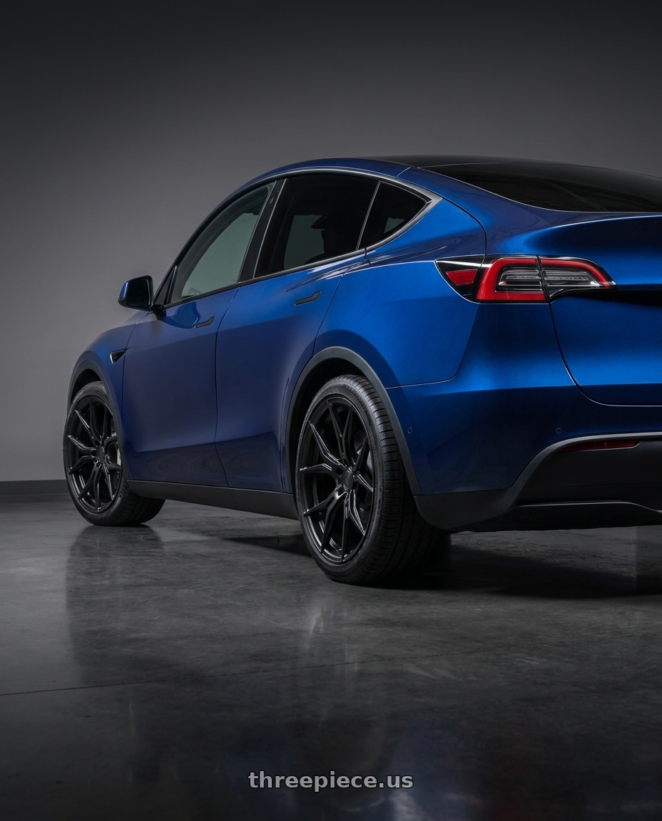2023 Tesla Model Y with Rohana RFX5 5x114.3 19x8.5+15 Matte Black wheels rear three quarter view square tires