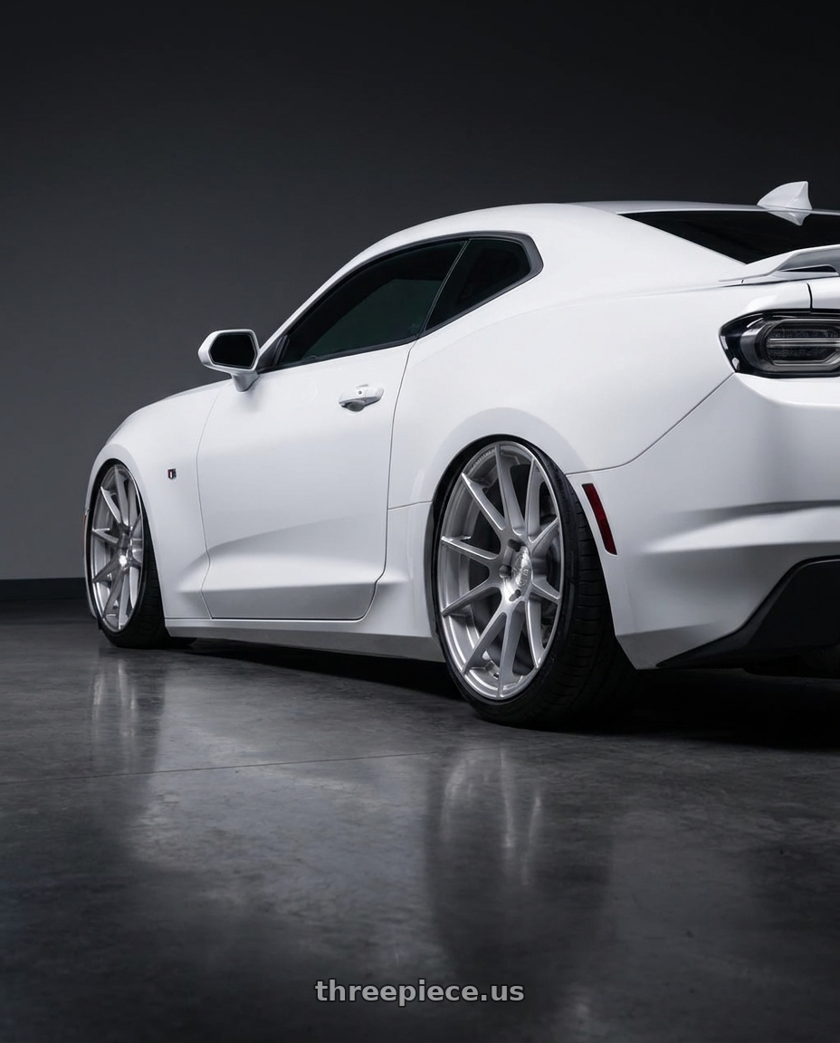 2022 Chevrolet Camaro with Avant Garde Wheels M510 5X120 20x10 +20 Satin Silver wheels rear three quarter view slight stretch tires