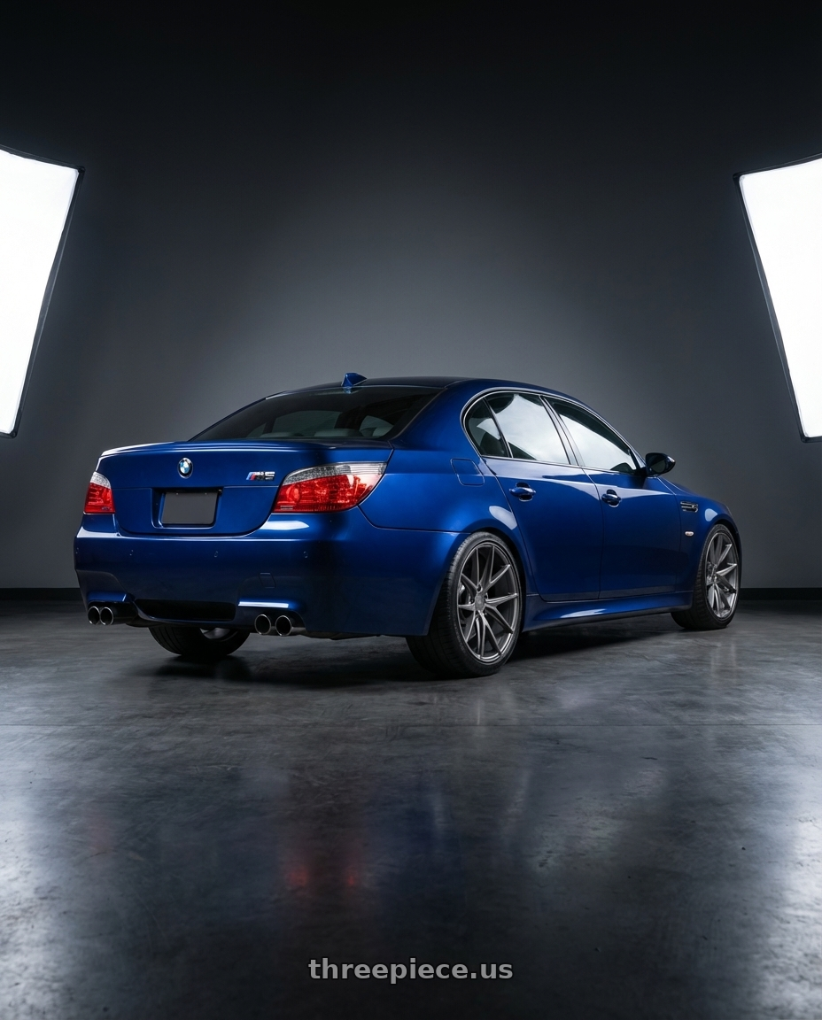 2010 BMW M5 E60 with Niche 1PC M116 MISANO 5X120 19X9.5 +35 MATTE GUN METAL wheels rear three quarter view square tires