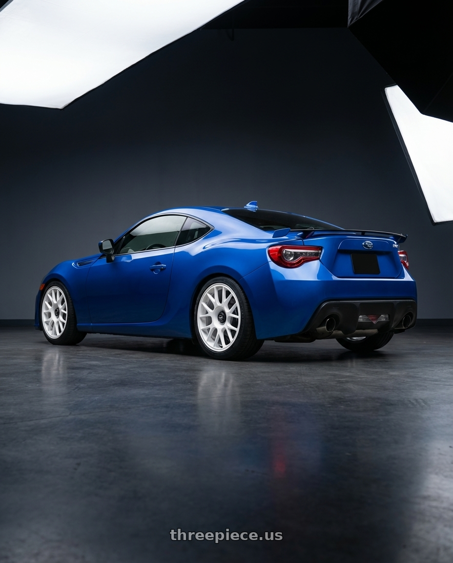 2017 Subaru BRZ with fifteen52 APEX 5x100 / 5x112 17x7.5 +35 RALLY WHITE (GLOSS WHITE) wheels rear three quarter view square tires