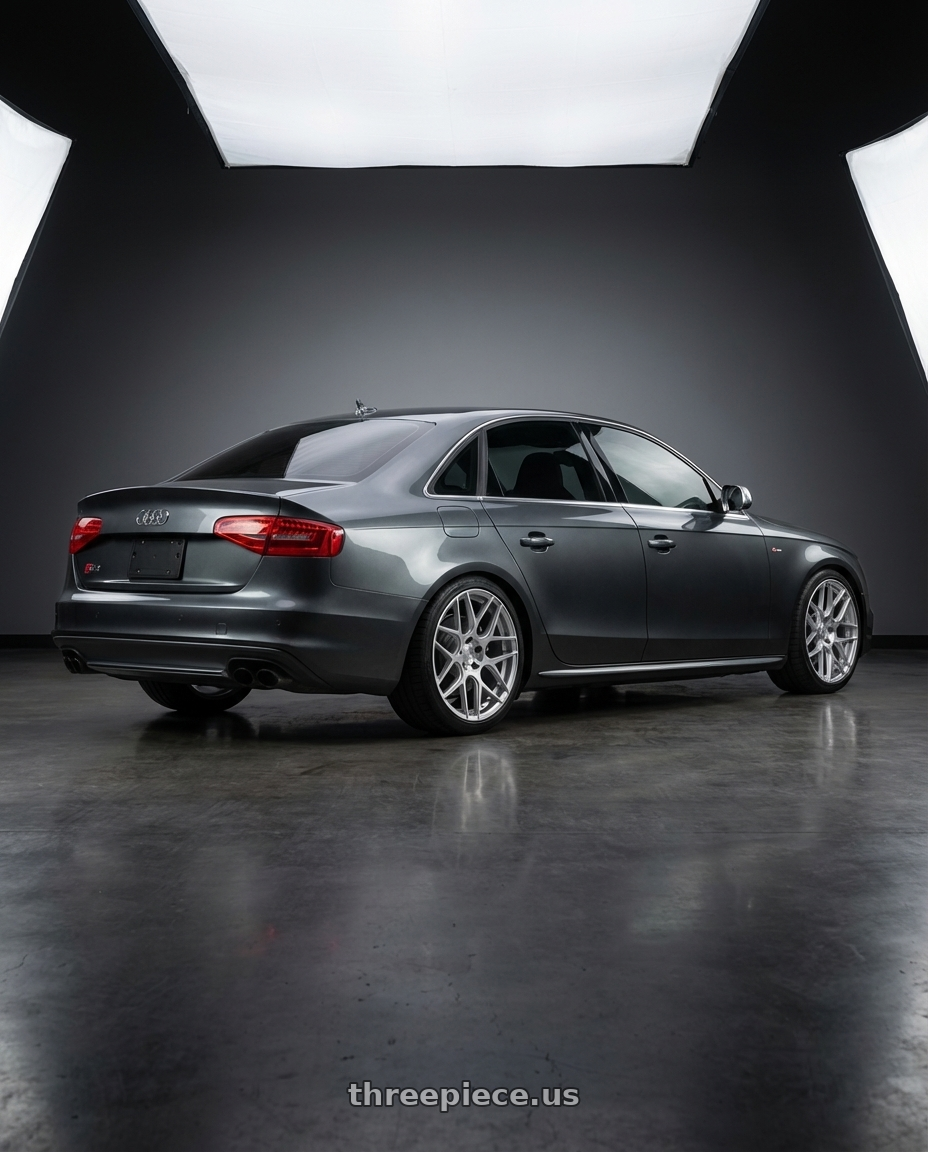 2015 Audi S4 B8.5 with Aodhan AFF2 5x112 19x8.5+35 Gloss Silver Machined Face wheels rear three quarter view square tires