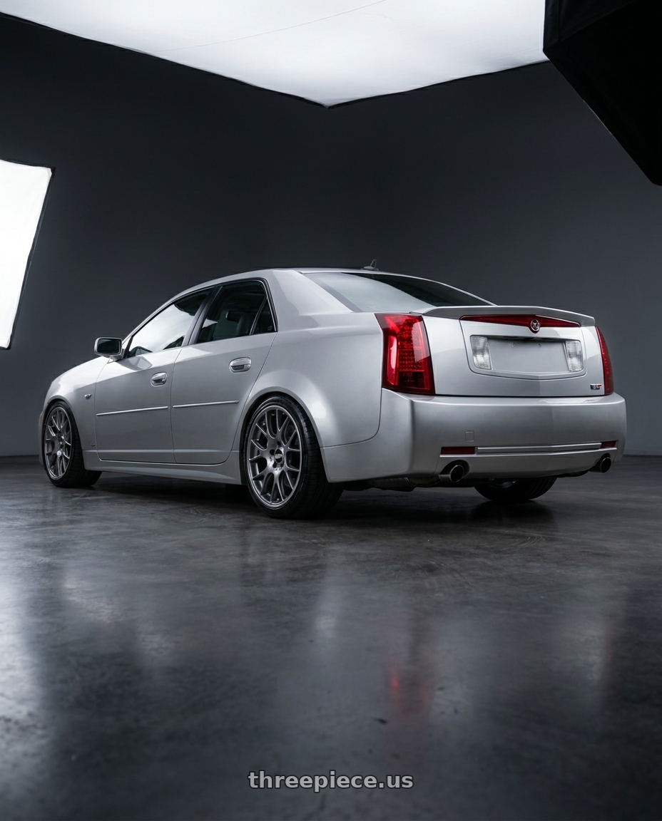 2005 Cadillac cts-v with BBS CH-R 5x120 20x9 +29 Satin Titanium Polished Rim Protector wheels rear three quarter view square tires