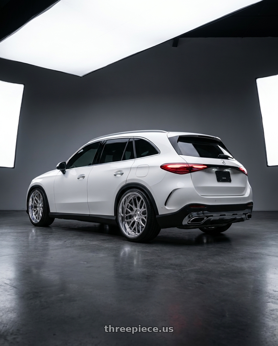 2024 Benz GLC200 with Axe AF6 Forged 8x180 24X14 -76 FULLY POLISHED wheels rear three quarter view extreme stretch tires