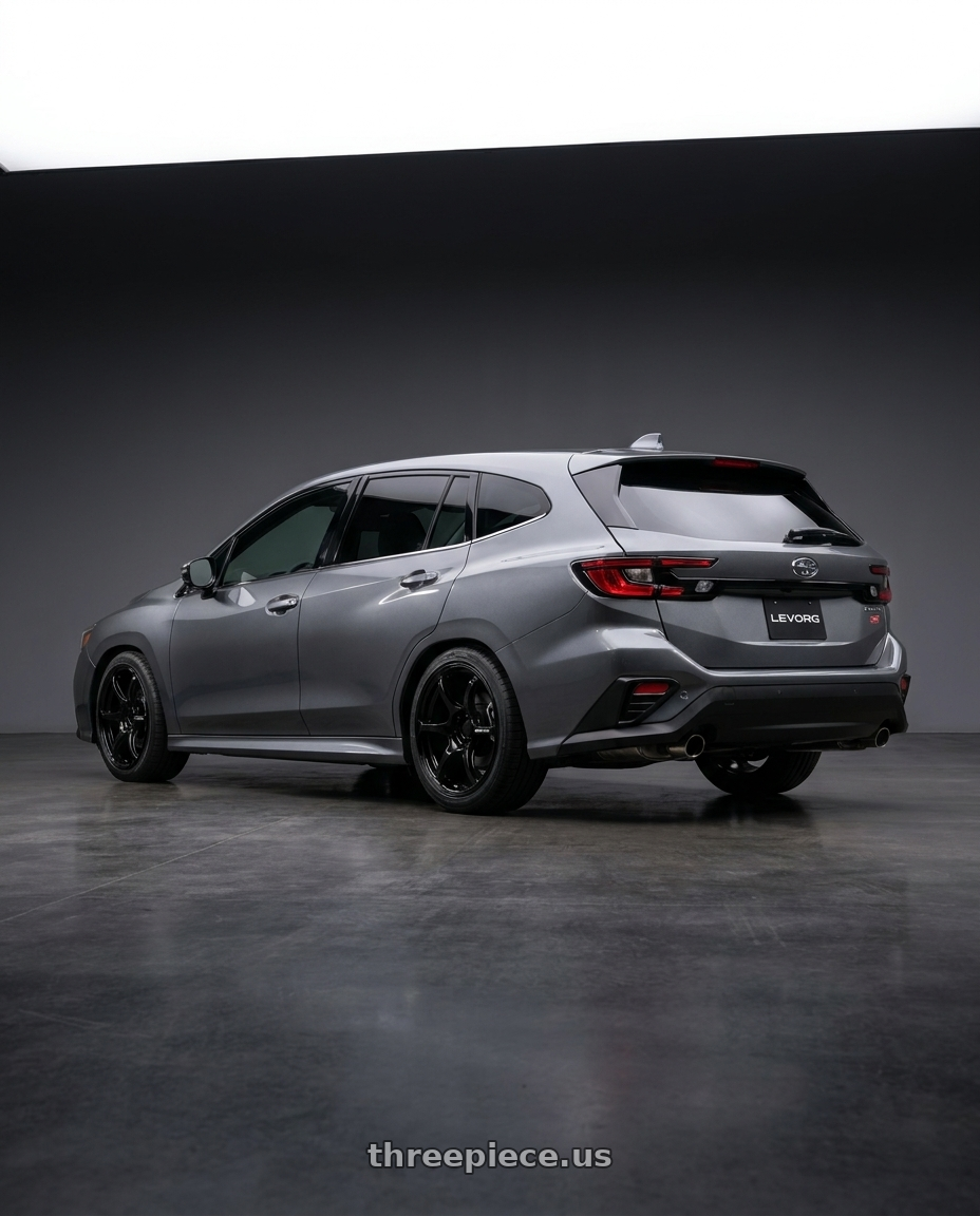 2021 Subaru Levorg Sti with Advan RGIII 5x112 18x8+50 Gloss Black wheels rear three quarter view square tires