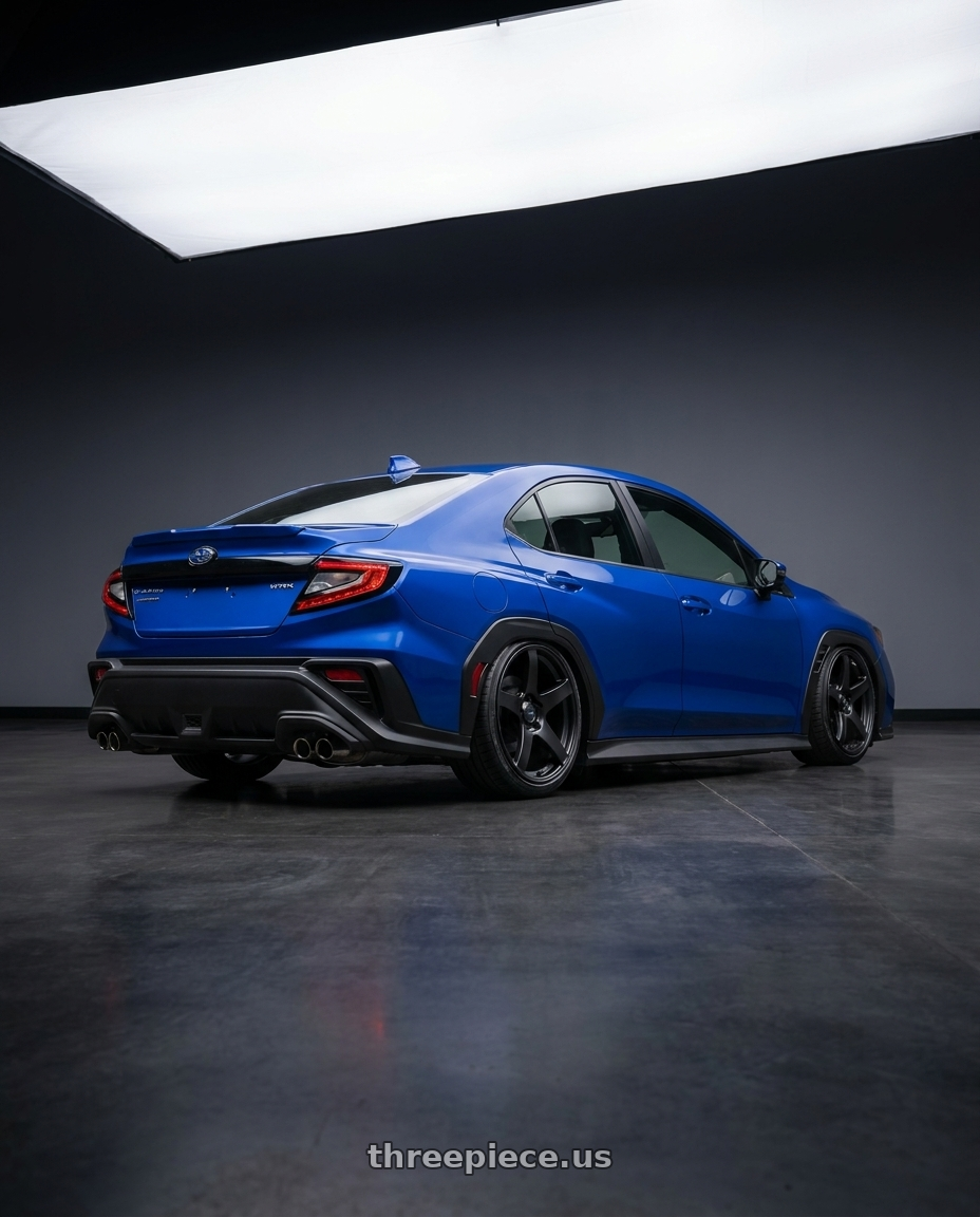 2024 Subaru WRX with Ssr Gtv01 5x114.3 18x8+35  FLAT BLACK wheels rear three quarter view slight stretch tires