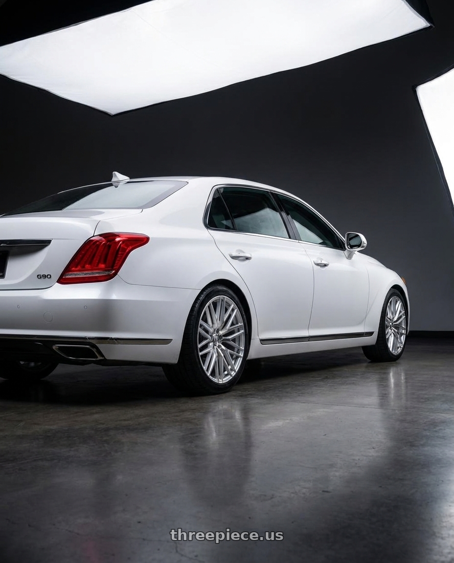 2018 genesis g90 ultimate with Axe EX30 5x114 20X8.5+40 SILVER wheels rear three quarter view square tires