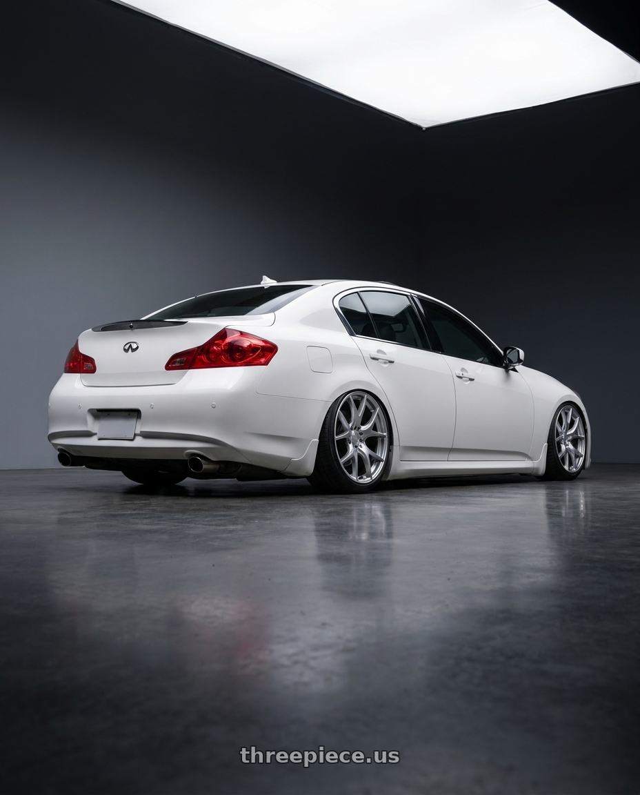 2012 Infiniti G37 with Ssr Gtv03 5x114.3 19x8.5+38  GLARE SILVER wheels rear three quarter view slight stretch tires