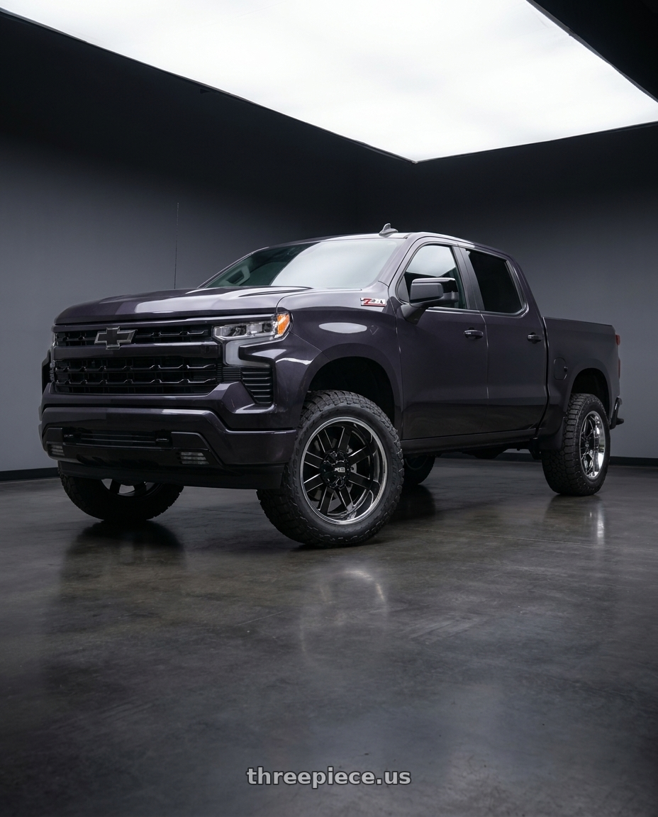 2023 Chevrolet Silverado 1500 with Moto Metal MO200 6X139.7 20X12 -44 GLOSS BLACK MILLED CENTER CHROME LIP wheels