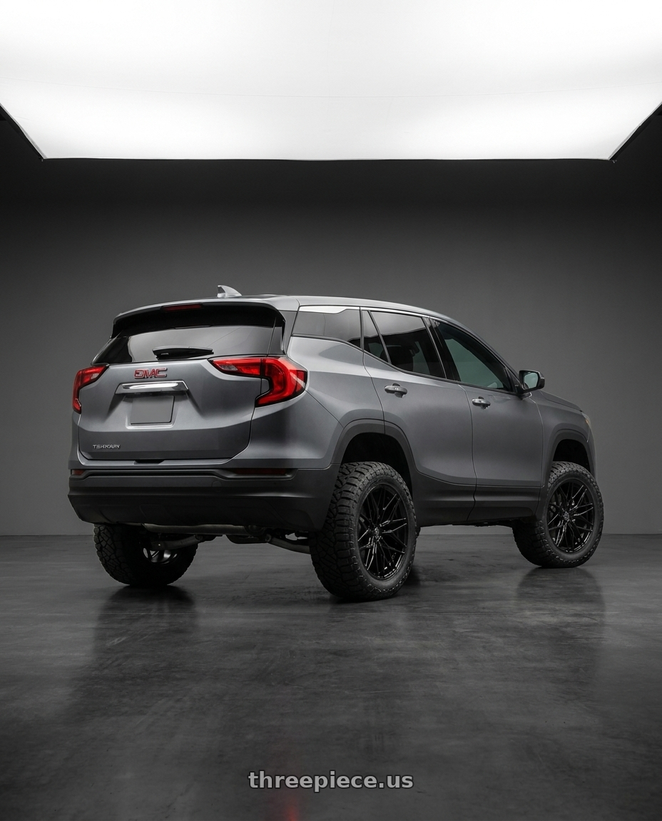 2019 GMC Terrain with Rohana RFX17 5x115 20x11 +0 Gloss Black wheels rear three quarter view meaty tires
