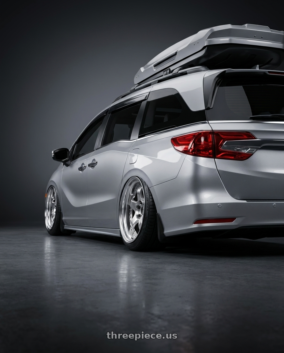 2024 Honda Odyssey with Work Meister S1 3P 5x120 18x7.5+37 O Disk Bright Buff Finish wheels rear three quarter view extreme stretch tires