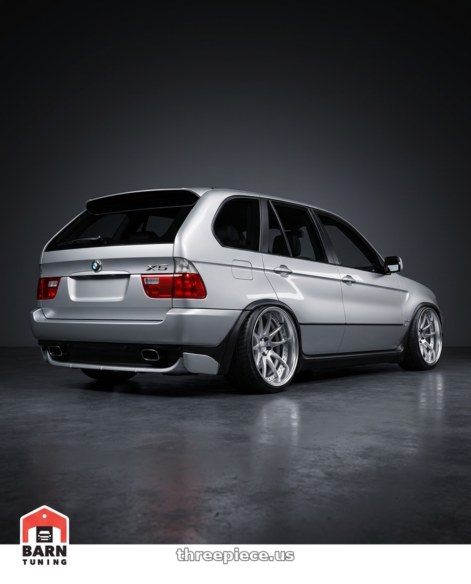 2005 BMW X5 4 8is with Work Emotion Cr 3P 5x100 18x14-12 R Disk Burning Silver wheels rear three quarter view extreme stretch tires