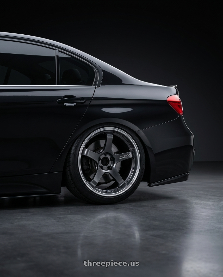 2016 BMW 340i with Advan Racing GT BEYOND 5x120 18x9.5 +45 MACHINING & HYPER PLATINUM BLACK wheels rear three quarter view slight stretch tires
