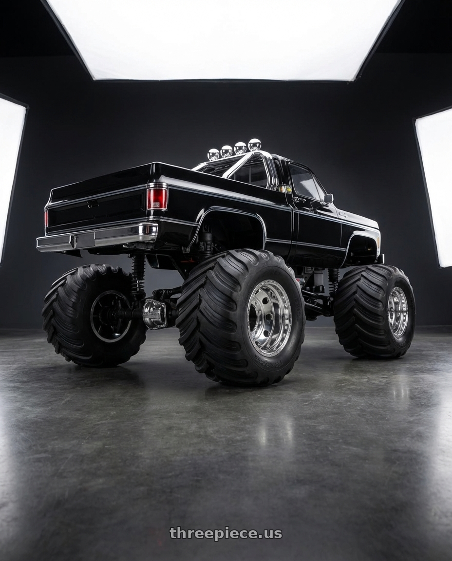 2020 traxxas trx4 M, black with ATX AO200 BAJA LITE 10X285.75 22.5X14 -139 HIGH LUSTER POLISHED wheels rear three quarter view excessive tires