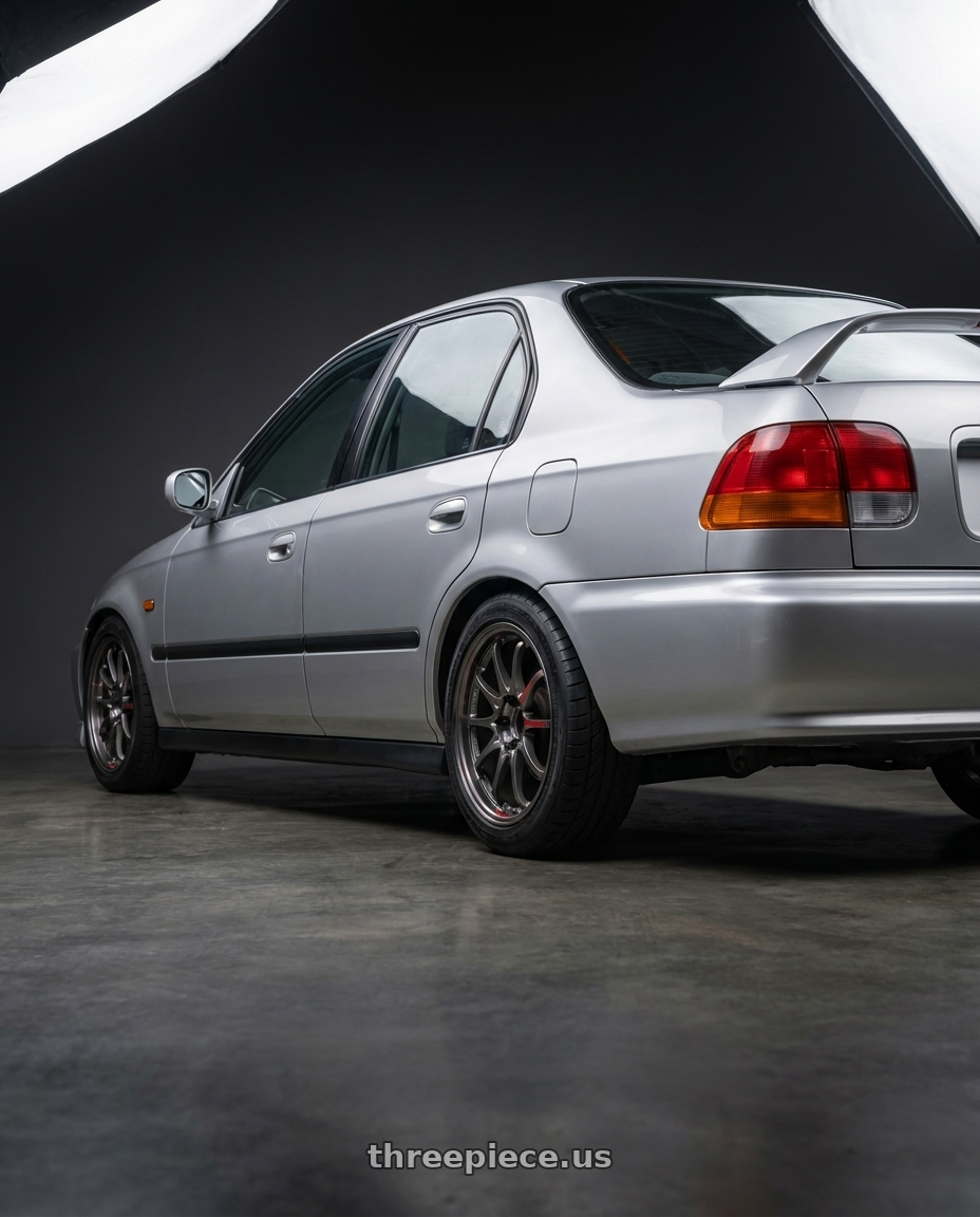 1999 honda civic with Volk Racing CE28SL 5x100 17x7.5+48 wheels rear three quarter view square tires