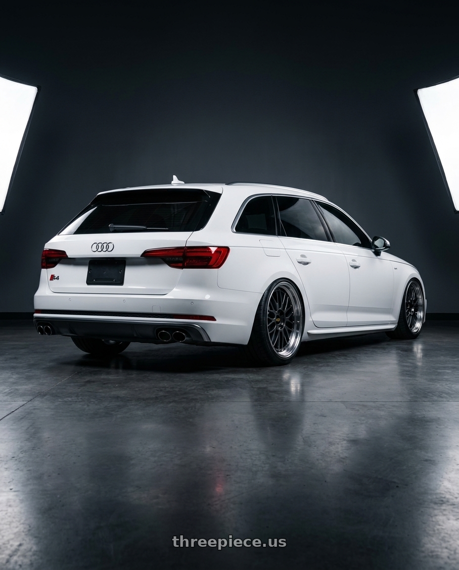 2017 audi s4 avant white with BBS LM 5x114.3 18x10.0+20 Diamond Black wheels rear three quarter view extreme stretch tires