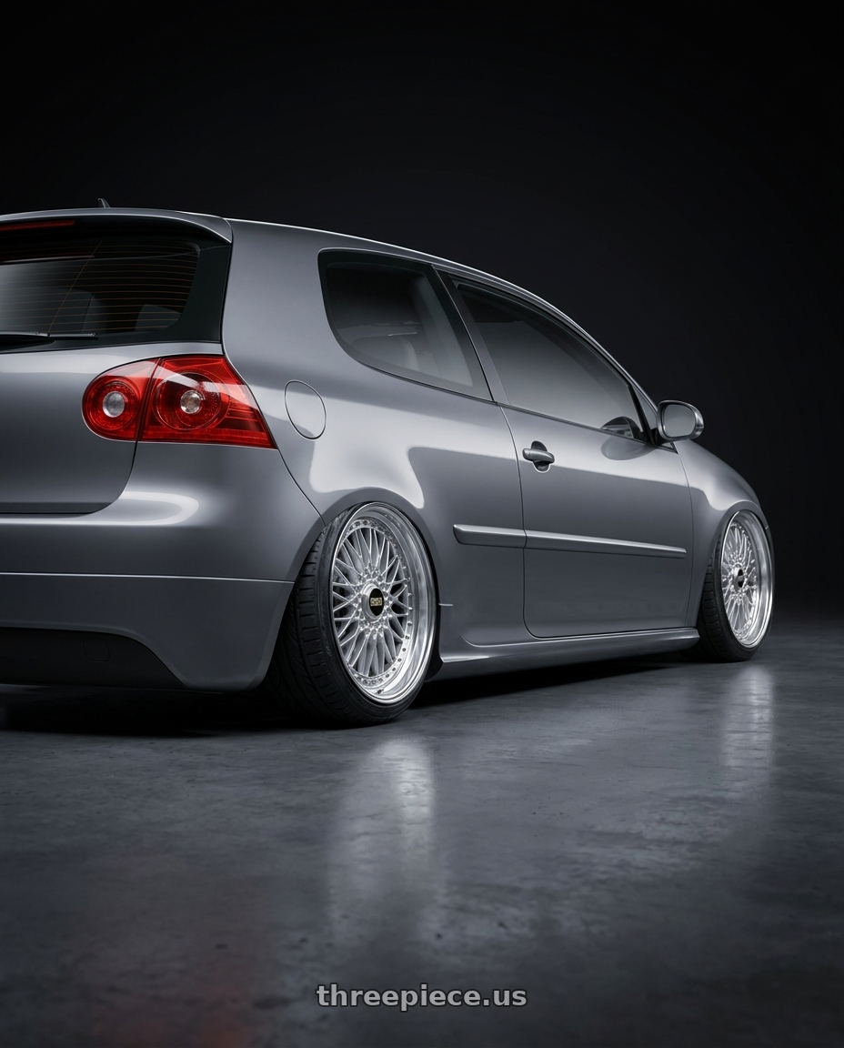 2009 VW GTI with BBS Super-RS 5x112 19x9.0+42 Silver wheels rear three quarter view extreme stretch tires