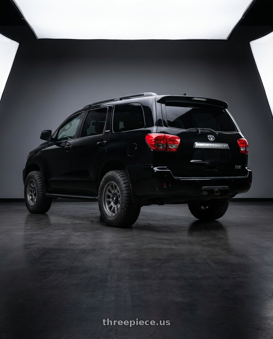 2012 Toyota Sequoia with Fittipaldi Offroad FT102A 5X150 17x8.5 +0 Satin Anthracite wheels rear three quarter view meaty tires