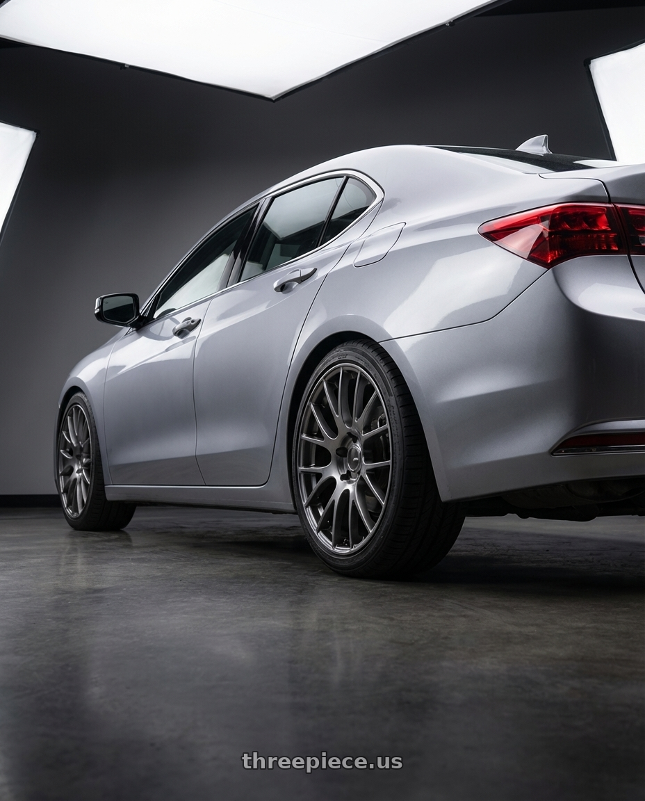 2019 Acura TLX with Ssr Gtv04 5x114.3 19×8.5x8.5+45  METALLIC GRAY wheels rear three quarter view square tires