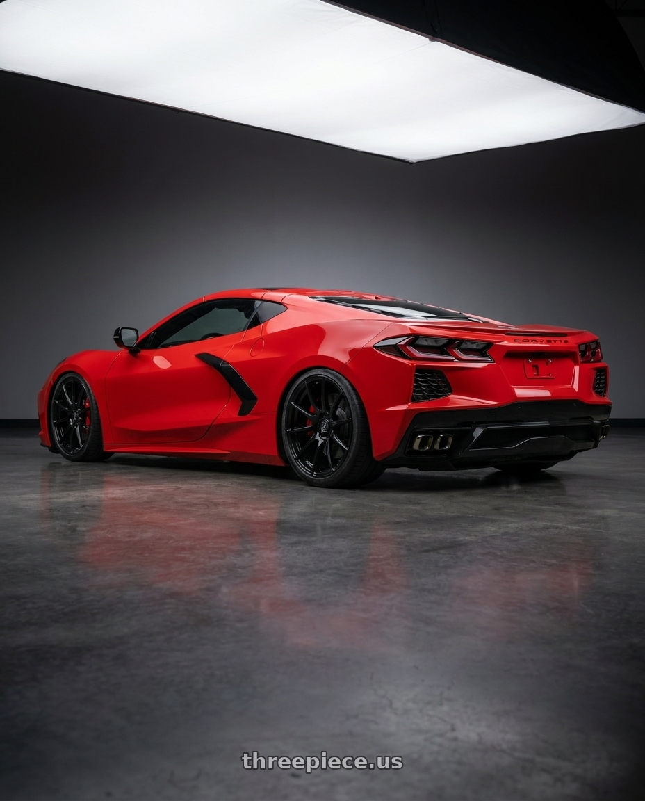 2024 Chevrolet Corvette C8 with Forgestar CF10 5x120.65 19x10 +30 Gloss Black wheels rear three quarter view slight stretch tires