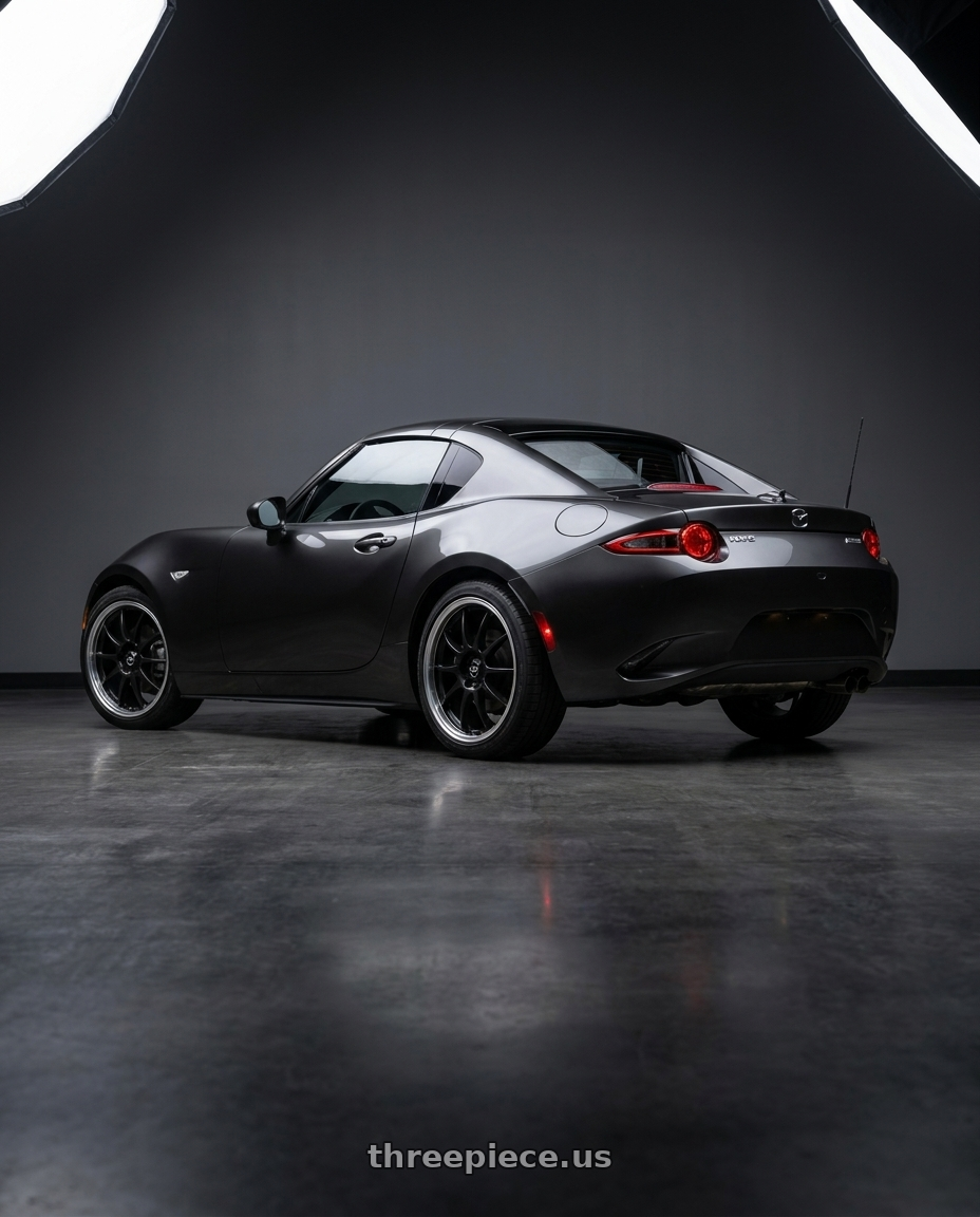 2023 mx-5 miata rf grand touring  with Enkei J10 4x100/108 17x7+42 Matte Black W/ Machined Lip wheels rear three quarter view square tires