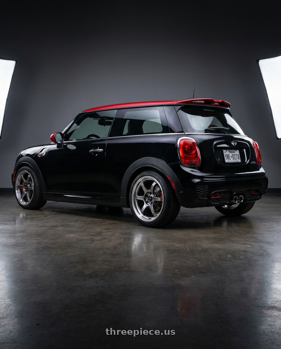 2017 mini John cooper works with Vors LT61 5x112 18x8.5 +35 Hyper Black wheels rear three quarter view square tires