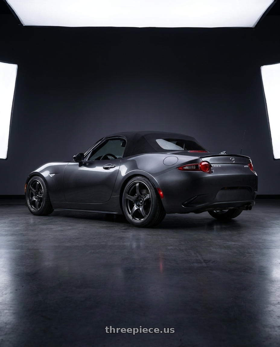 2017 Mazda MX-5 Miata with Advan Racing TC4 4x100 17x8.0 +35 BLACK GUNMETALLIC & RING wheels rear three quarter view square tires