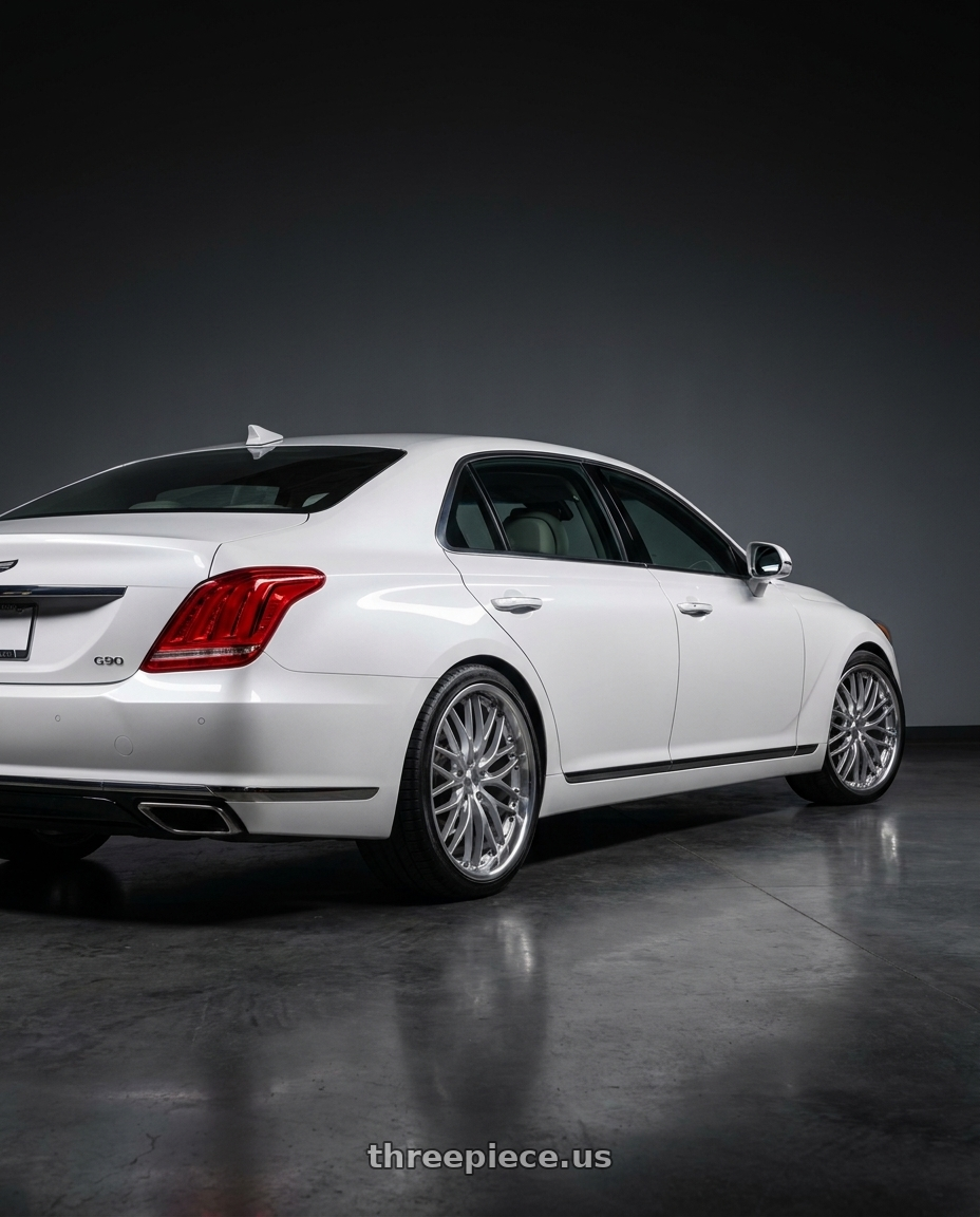 2018 genesis g90 ultimate with MRR GT1 5x114.3 20x10  +40 Hyper Silver Machine Lip wheels rear three quarter view square tires