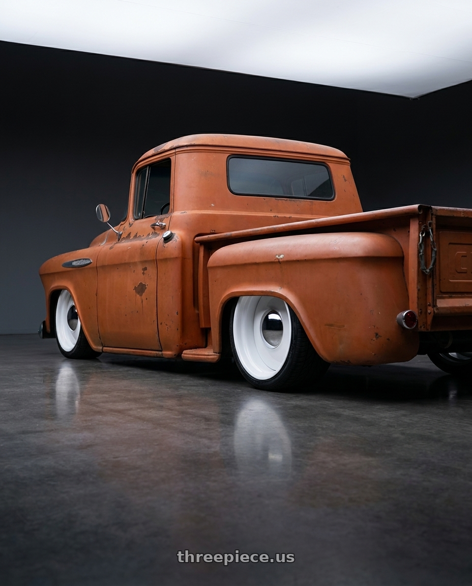 1955 Chevy 3100 with Boyd Coddington 61W Smoothie 5x114.3 20x9 0 White wheels rear three quarter view extreme stretch tires